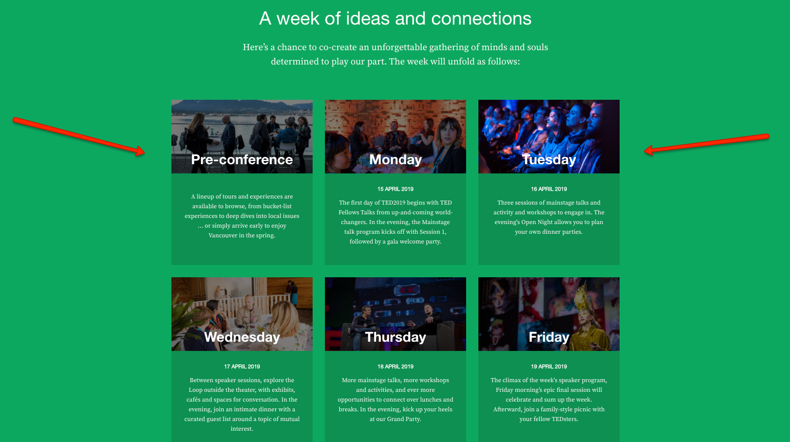 Screenshot of TED conference online programme showing a basic outline of conference events