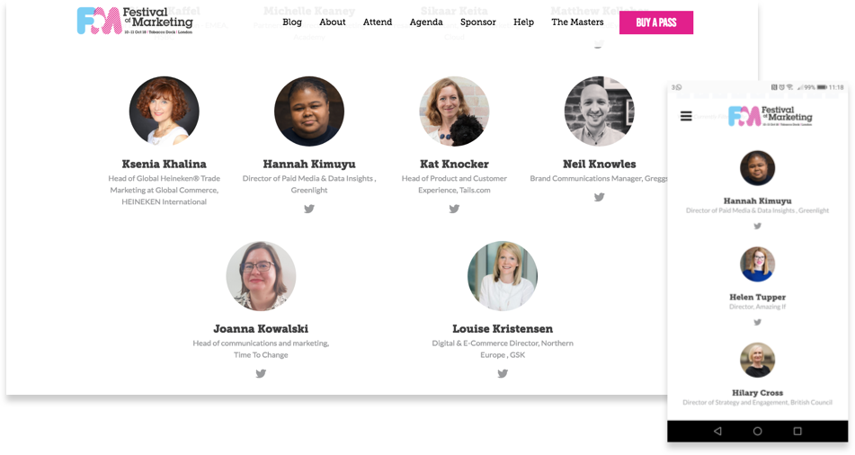 Screenshot of Festival of Marketing website showing the 2018 speakers in desktop and mobile view