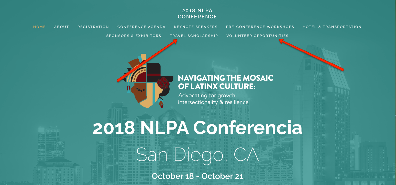 Screenshot of NLPA Conferencia homepage website header with conference volunteering opportunities highlighted
