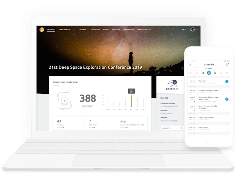 Screengrab of Ex Ordo conference management tool showing dashboard and mobile schedule