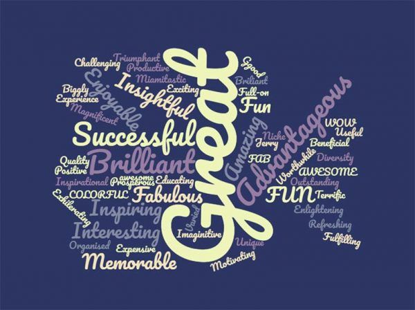A word cloud showing positive conference feedback like "great" and "advantageous" for the Advantage Conference