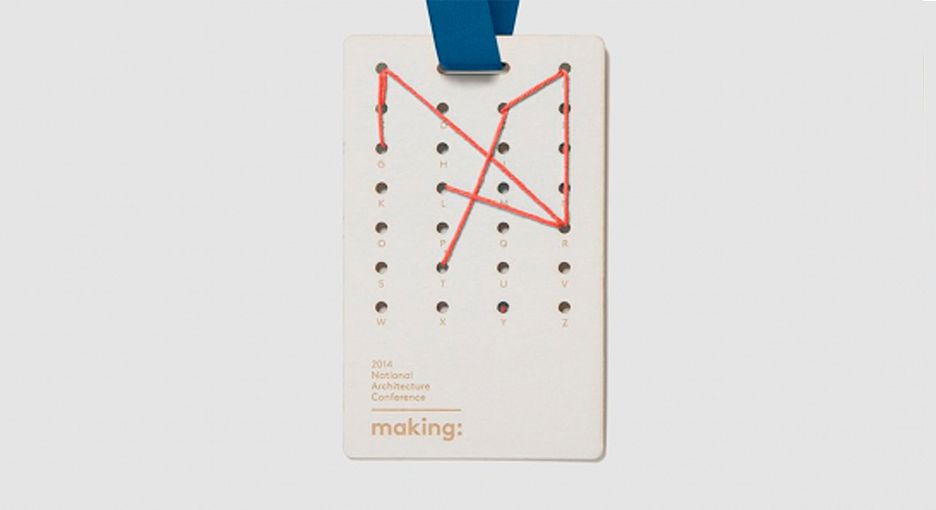 Conference name badge where first name is spelt using string woven through lettered holes