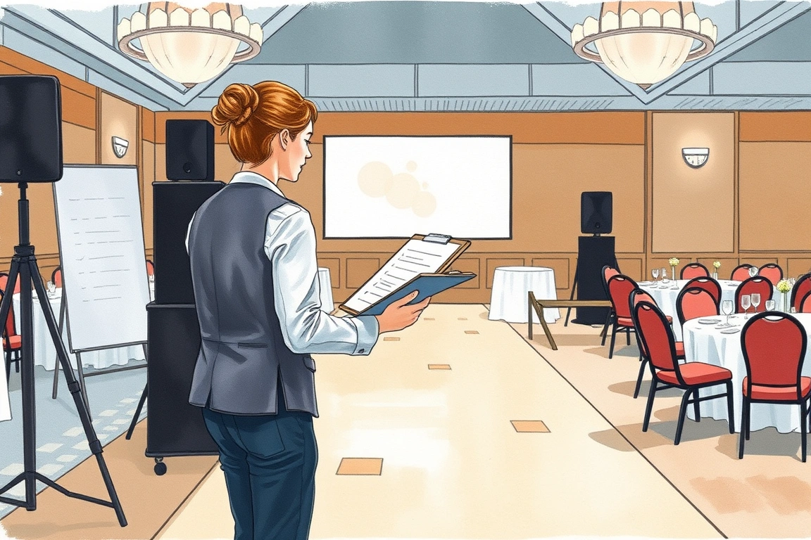 Coordinator checking setup details against a physical checklist during venue rehearsal