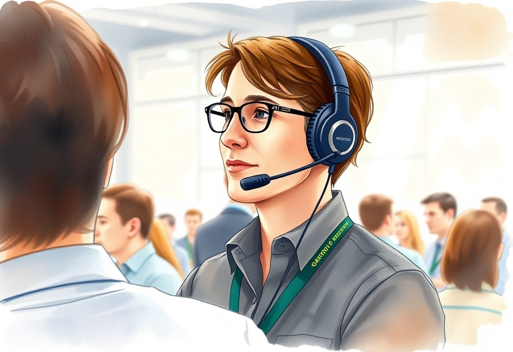 Coordinator communicating with staff via headset during a live event crisis