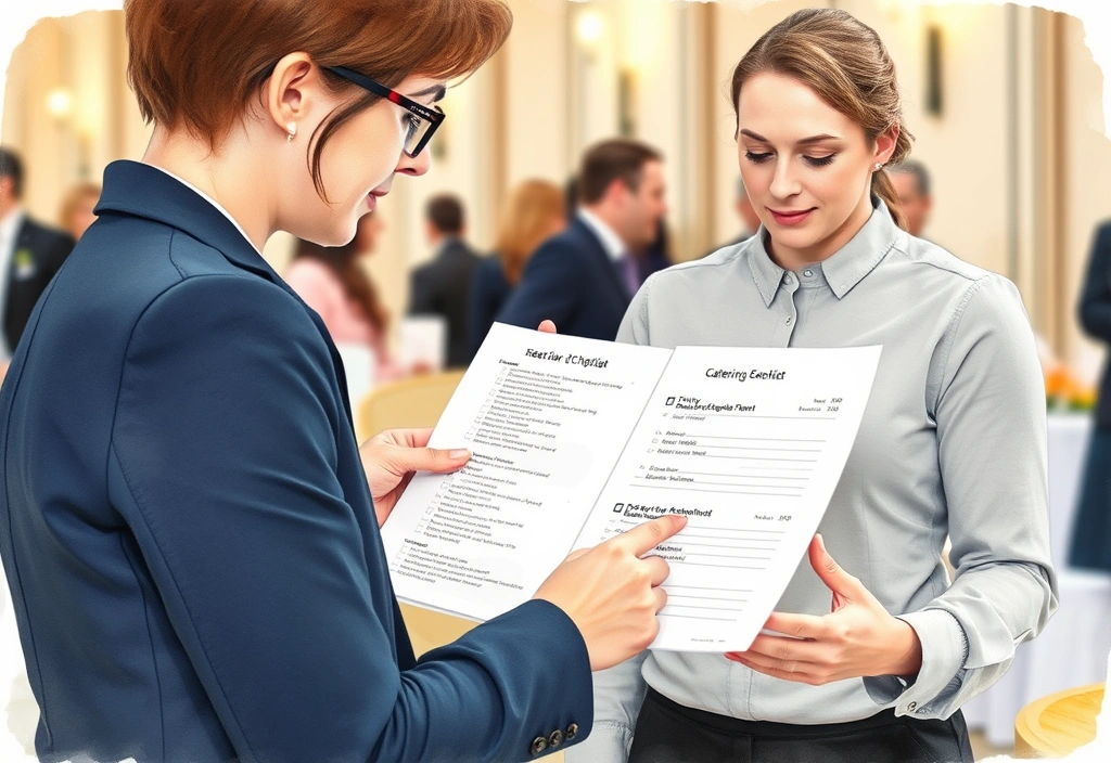 Coordinator checking dietary requirements and logistics details with catering staff before service.