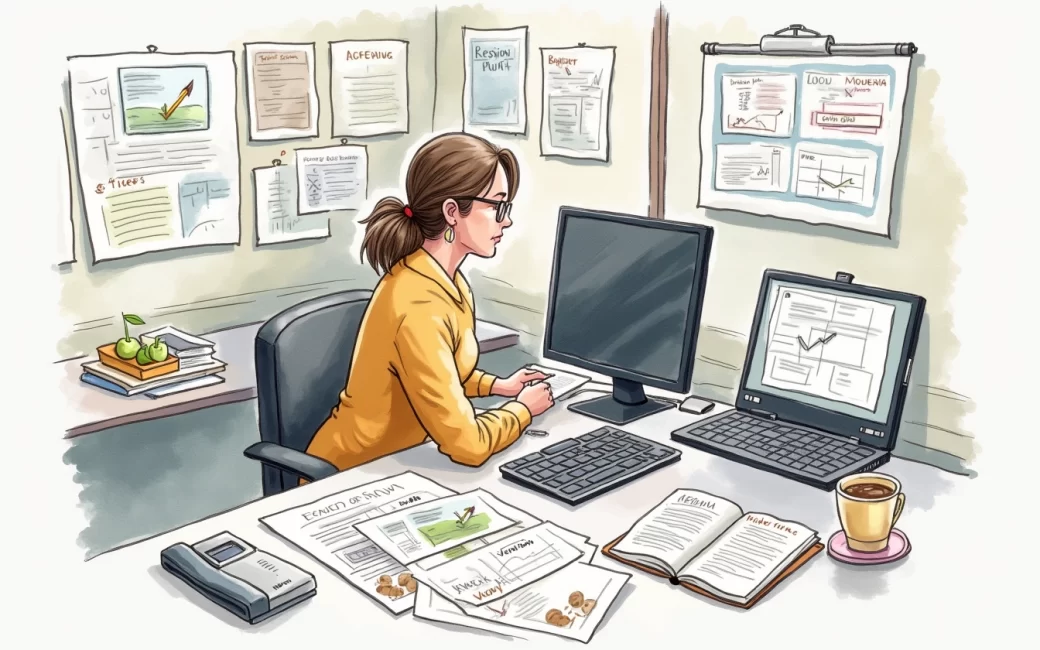 Event coordinator managing multiple planning documents and vendor communications at a desk.