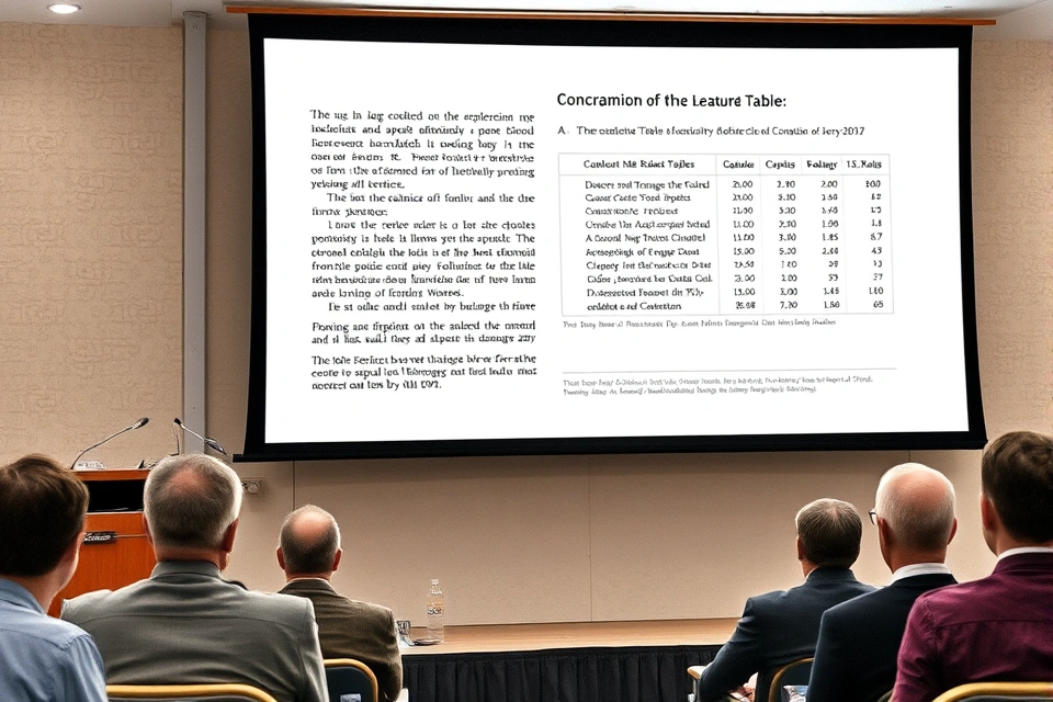A slide crowded with text paragraphs and a full results table from a research paper.