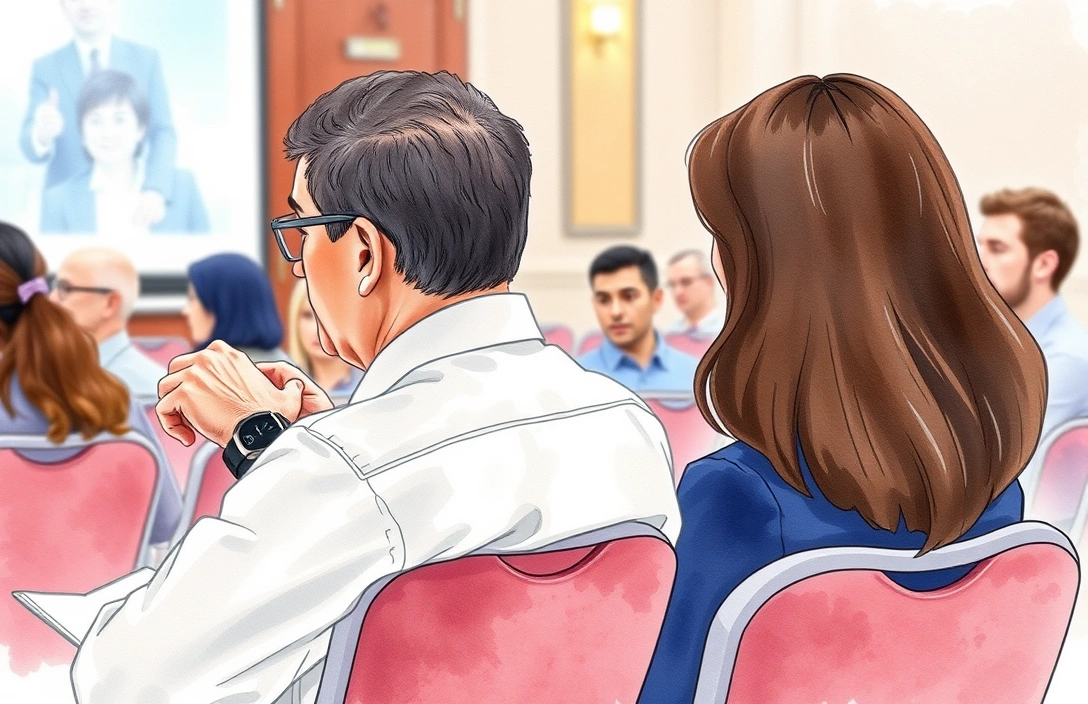 A session chair monitoring time as a presenter speaks at a conference podium.