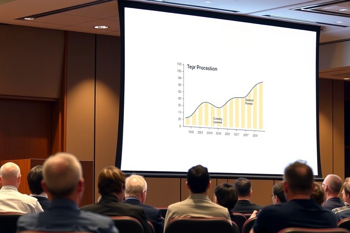 Presentation slide with a bar chart and brief text visible on conference room screen.