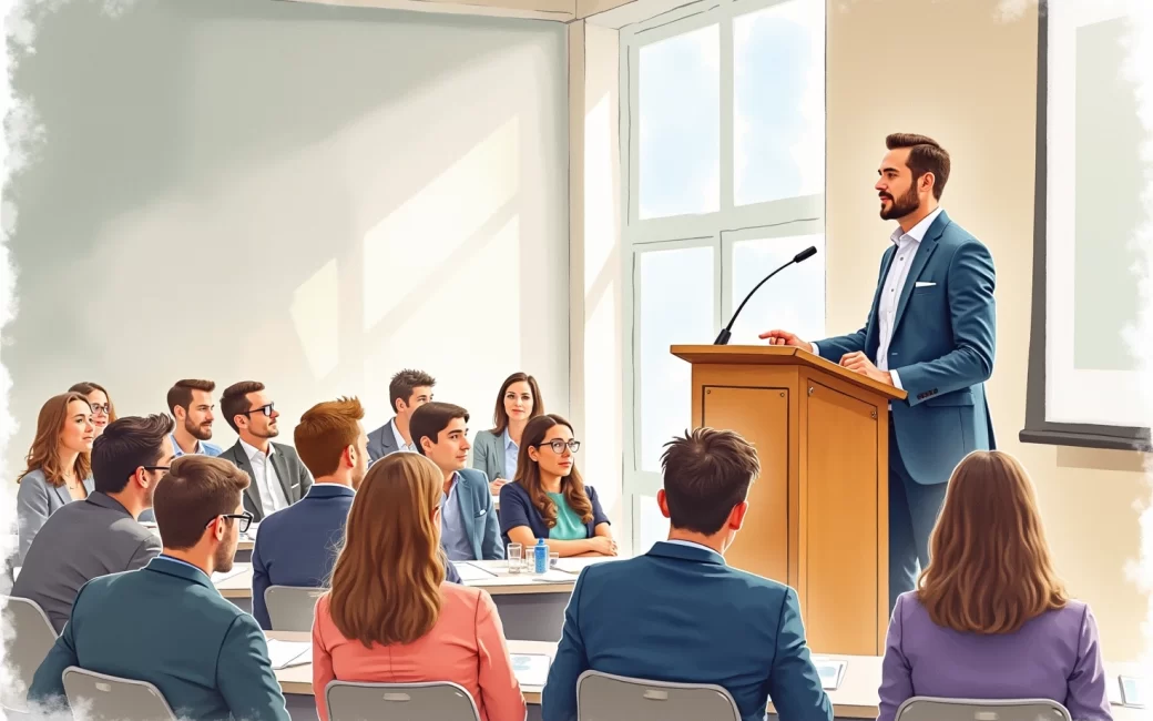 Speaker presenting at a scientific conference podium with audience members in background.